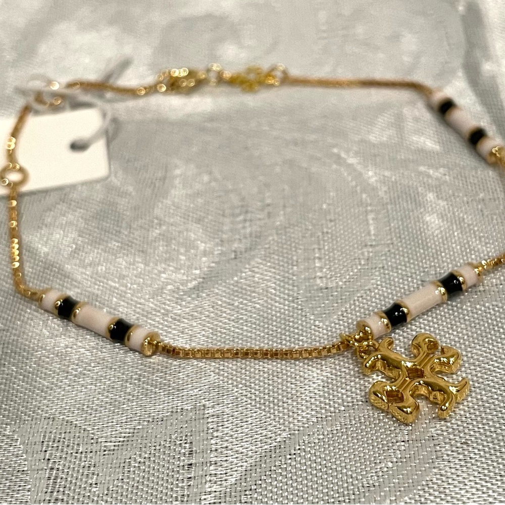 Tory Burch Gold Chain Bracelet with Black and Cream Beads New - Picture 2 of 7